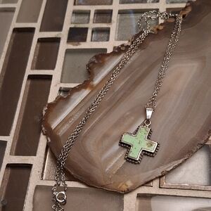 Vintage Silver and Green Cross Necklace